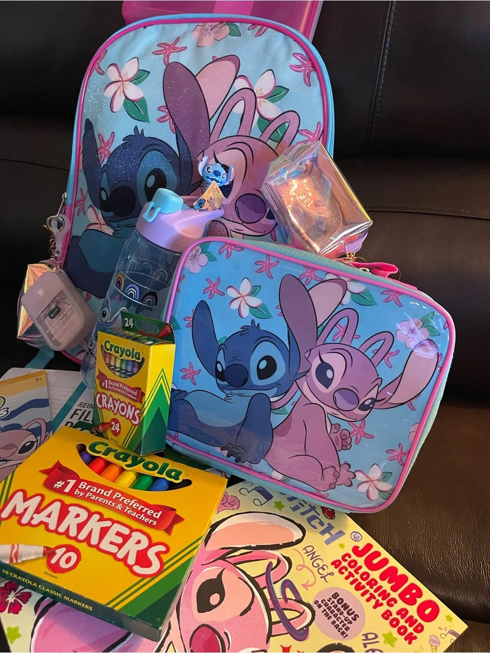 Disney Lilo and Stitch backpack bundle with pink and blue characters and flowers